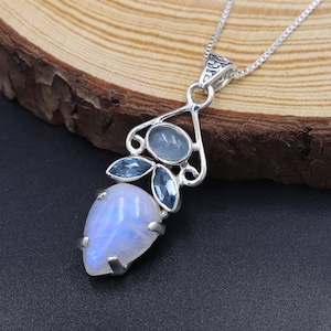 Moonstone Necklace, Silver Pendant Necklaces, Aquamarine Necklace, Blue Topaz Pendant Necklace, Handmade Pendant Necklaces, Gift for Her