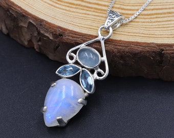 Mondstein Halskette, 925 Silber Anhänger Halsketten, Aquamarin Halskette, Blautopas Anhänger Halskette, handgemachte Anhänger Halsketten, Geschenk für Sie