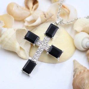 Black Onyx Cross Necklaces, Silver Cross Pendant Necklaces, Men&#39;s Cross Necklace, Holy Cross Pendant Necklace, Cross Necklace For Women