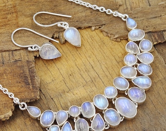 Collares de piedra lunar, collares de plata de ley maciza, collar de plata con piedra lunar azul, conjunto de collar y pendientes llamativos, el mejor regalo para ella.