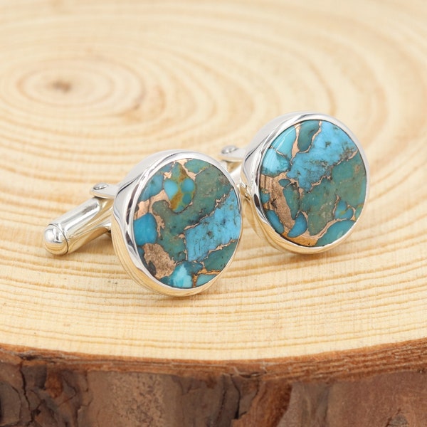 Turquoise Cufflinks, Sterling Silver Cufflinks, Groomsmen Cufflink, Blue Copper Turquoise Cufflinks, Cufflink For Men, Father's Day Gifts