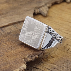 Meteorite Ring, Solid Sterling Silver Ring, Unisex Ring, Iron Meteorite Statement Ring, Natural Meteorite Silver Ring, Handmade Ring for Him