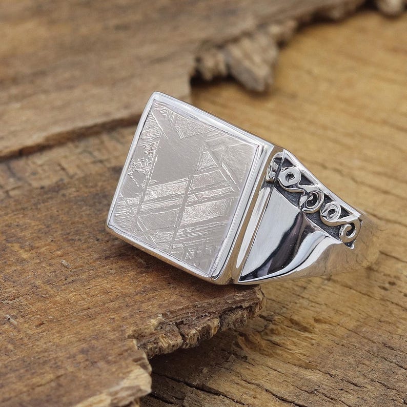 Meteorite Ring, Solid Sterling Silver Ring, Unisex Ring, Meteorite Statement Ring, Natural Meteorite Silver Ring, Handmade Ring for Him