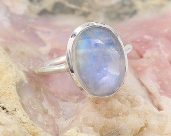 Rainbow Moonstone Ring, Solid Sterling Silver Ring, Moonstone Wedding Ring, Rings For Women, Oval Moonstone Silver Ring, Gift for Her