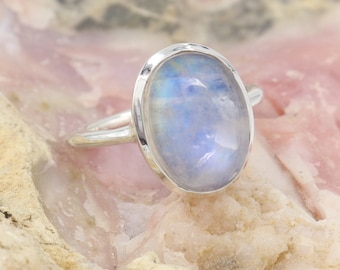 Rainbow Moonstone Ring, Solid Sterling Silver Ring, Moonstone Wedding Ring, Rings For Women, Oval Moonstone Silver Ring, Gift for Her