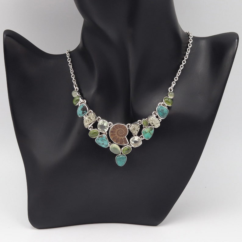 Ammonite and Turquoise Collar Necklace, Silver Statement Necklaces Earring Set, Pyrite Necklaces, Chocker Necklace, Women's Necklace