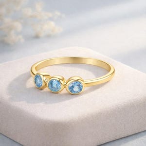 Minimalist Blue Topaz Ring - 925 Silver Three Stone Engagement Ring & 18K Gold-Plated Wedding Band Gift for Her