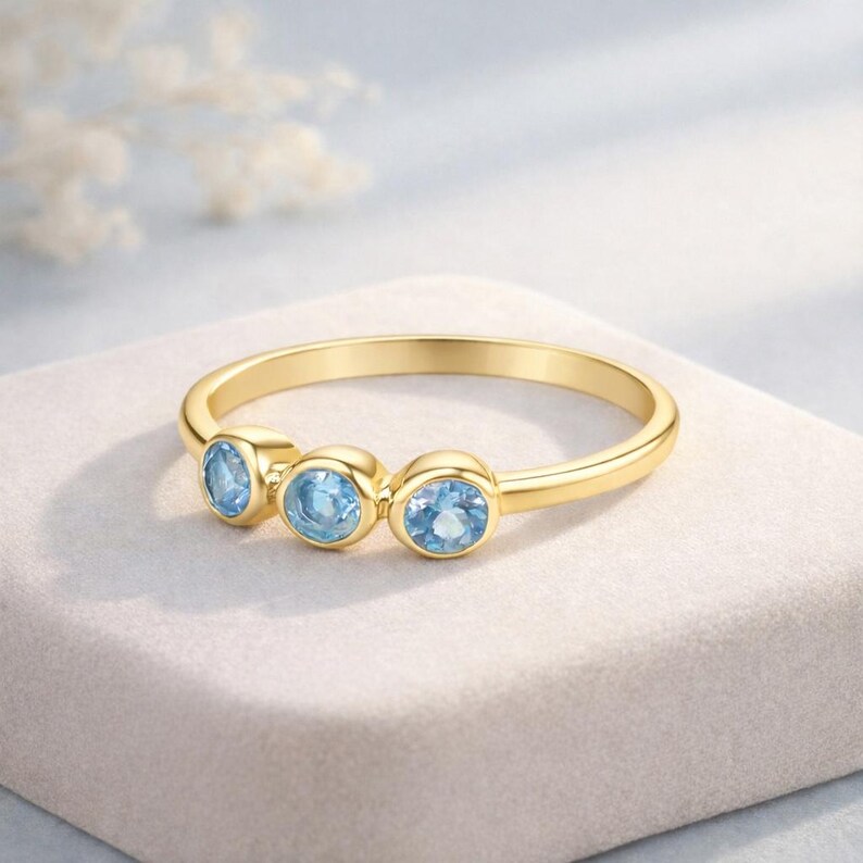 Minimalist Blue Topaz Ring - 925 Silver Three Stone Engagement Ring & 18K Gold-Plated Wedding Band Gift for Her