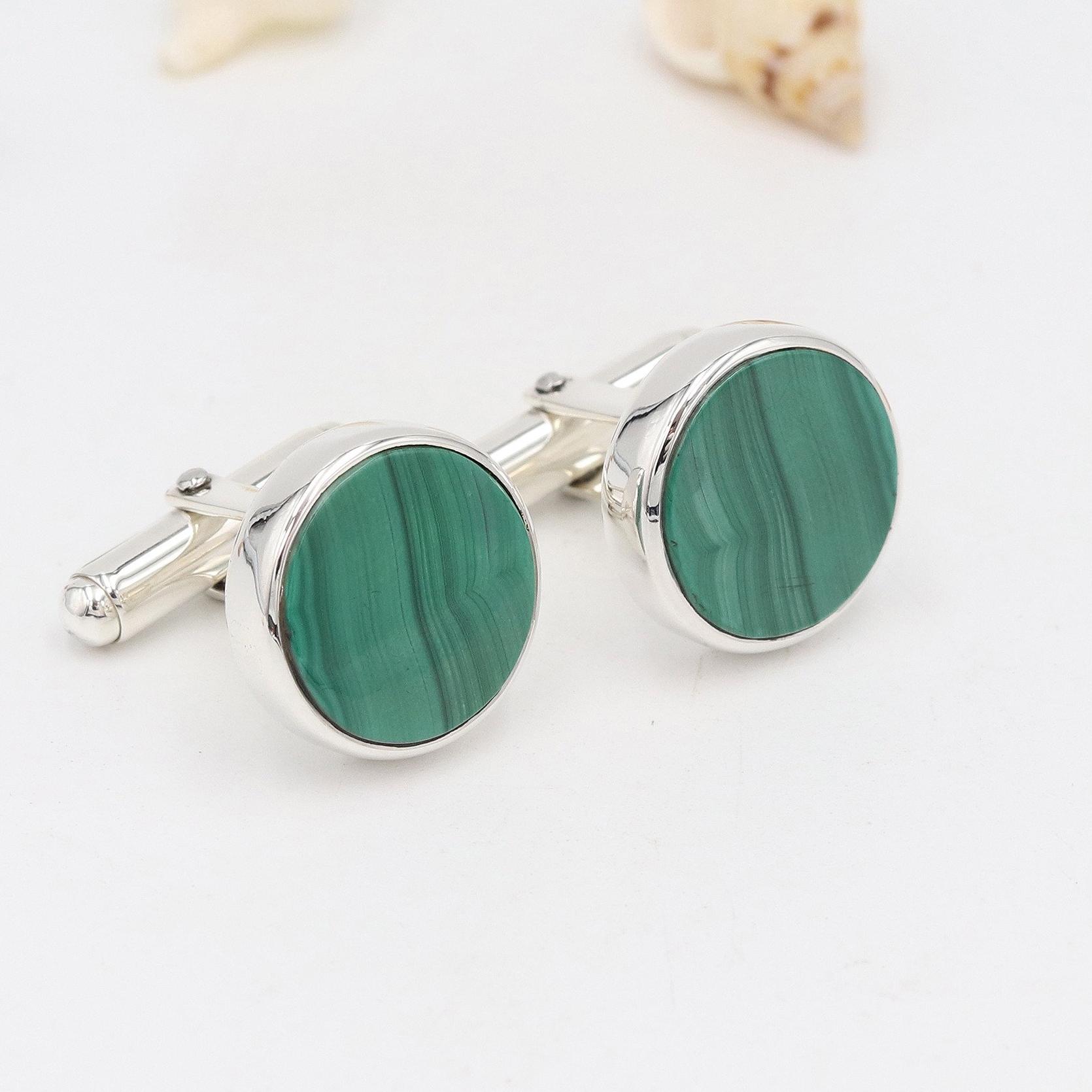 Boutons De Manchette Vintage Or 14 Carats Avec Malachite - Barre De Manchette Homme Occasion