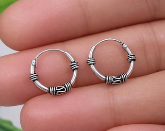 Sterling Silver Bali Hoop Earrings 12mm – Oxidized Tribal Swirl Boho Hoops, Handmade Artisan Silver Earrings, Minimalist Hoops, Gift for Her