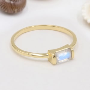 Moonstone Ring, Baguette Ring, Solid Sterling Silver Ring, Minimalist Ring, Dainty Gold Wedding Band, Stacking Rings, Gifts for Her