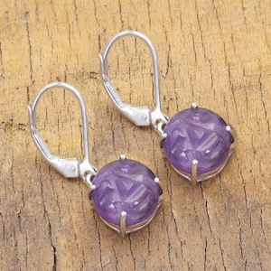 Amethyst Ohrringe, 925er Silber Ohrringe, Baumeln Schmuck für Frauen, Carving Edelstein Ohrringe, Lila Stein Tropfen Ohrring Geschenk für Sie
