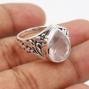 Rose Quartz Ring, Sterling Silver Ring, Women's Ring, Pink Rose Quartz Sterling Silver Ring, Pear Shape Faceted Rose Quartz Ring For Her