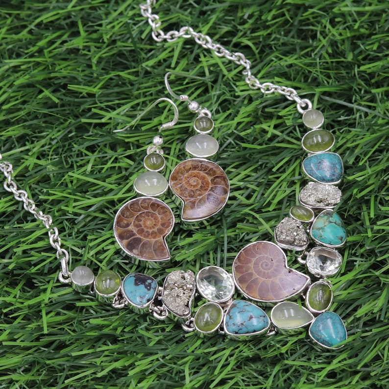 Ammonite and Turquoise Collar Necklace, Silver Statement Necklaces Earring Set, Pyrite Necklaces, Chocker Necklace, Women's Necklace