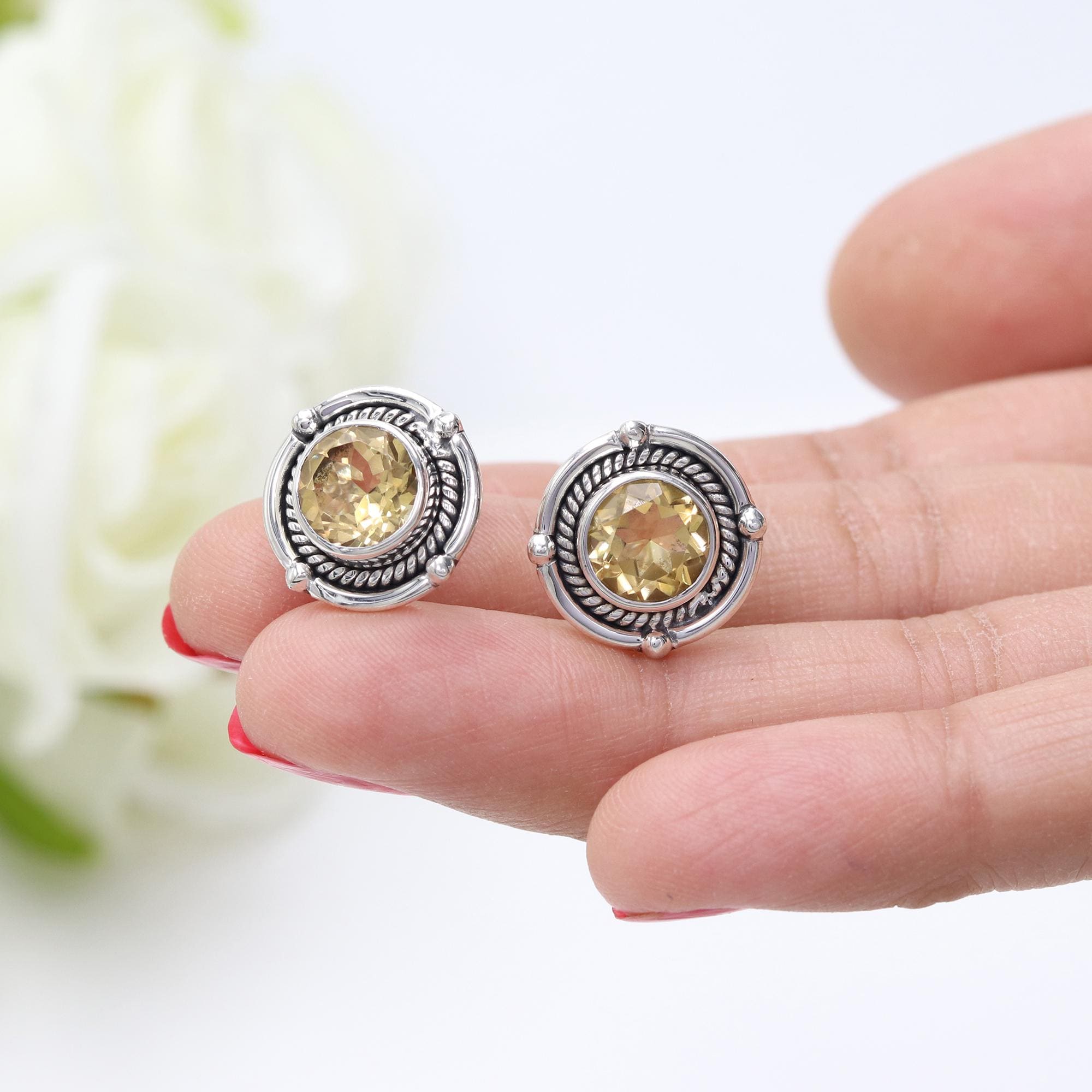 シトリンスタッドピアス、スターリングシルバースタッドピアス 