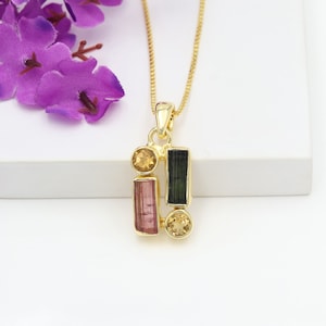 Tourmaline Pendant Necklace, Sterling Silver Pendant Necklace, Citrine Pendant, Natural Pink and Green Tourmaline Gemstone Necklace For Her