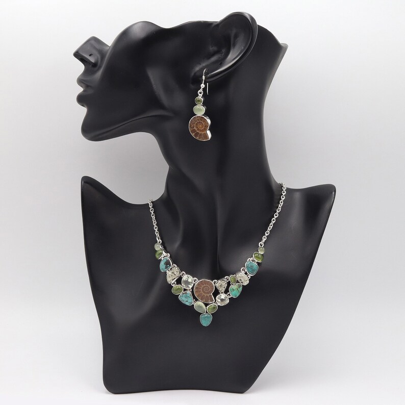 Ammonite and Turquoise Collar Necklace, Silver Statement Necklaces Earring Set, Pyrite Necklaces, Chocker Necklace, Women's Necklace