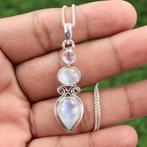 Moonstone Necklace, Silver Pendant Necklaces, Three Stone Pendant Necklace, Women&#39;s Necklace, Handmade Pendant Necklaces, Gift for Her