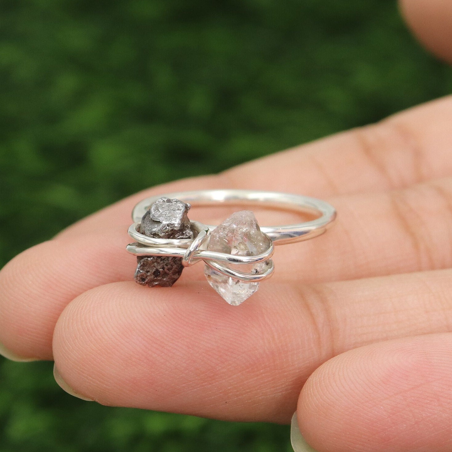 Herkimer Diamond Ring, Solid Sterling Silver Ring, Meteorite Ring, Rings For Women, Raw Gemstone Silver Ring, Gift for Her, Christmas Gift