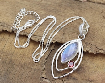 Mondstein Granat Sterling Silber Anhänger Halskette, handgemachter Schmuck