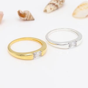 Baguette Ring, Solid Sterling Silver Ring, Sprinkler Diamond Band, Minimalist Gold Stacking Rings, Anniversary Gift for Her, Women&#39;s Ring