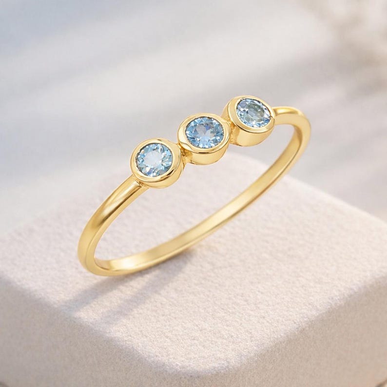 Minimalist Blue Topaz Ring - 925 Silver Three Stone Engagement Ring & 18K Gold-Plated Wedding Band Gift for Her