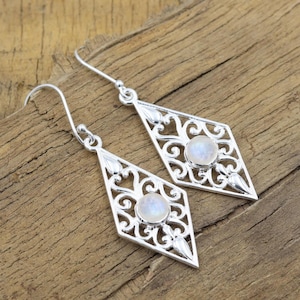 Moonstone Earrings, Gemstone Earrings, 925 Silver Earrings, June Birthstone Jewelry, Filigree Design Earrings for Women, Gift for Her