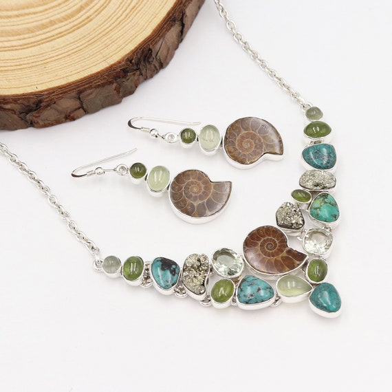 Turquoise Necklace, Silver Statement Necklaces Earring Set, Ammonite Pyrite Necklaces, Chocker Necklaces, Women's Necklaces, Gift For Her