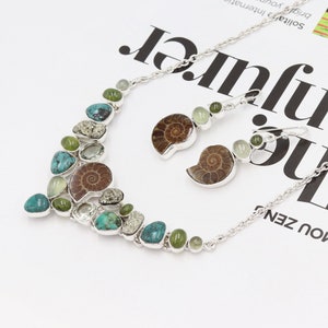 Ammonite and Turquoise Collar Necklace, Silver Statement Necklaces Earring Set, Pyrite Necklaces, Chocker Necklace, Women's Necklace