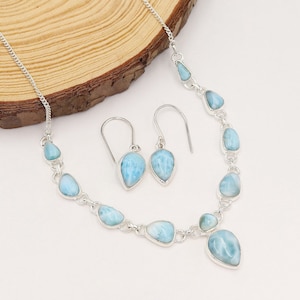 Larimar Necklaces, Sterling Silver Necklaces, Genuine Blue Larimar Silver Necklace, Statement Necklace Earring Set, Women&#39;s Necklaces