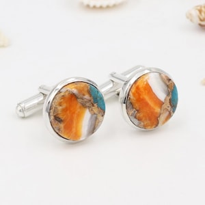 Turquoise Cufflinks, Sterling Silver Cufflinks, Groomsmen Cufflinks, Gift For Him, Orange Spine Oyster Turquoise Silver Cufflink For Him