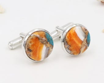 Turkoois manchetknopen, sterlingzilveren manchetknopen, manchetknopen bruidsjonkers, cadeau voor hem, oranje wervelkolom Oyster turkoois zilveren manchetknoop voor hem