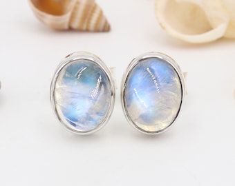 Moonstone Earrings Stud, Silver Stud Earrings, Stud Earrings For Women, Oval Blue Moonstone Stud Earrings for Her, Gift For Her