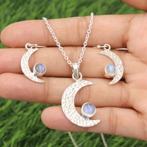 Halve maan ketting oorbellen set, sterlingzilveren ketting oorbellen set, sierlijke kettingen oorbellen set, gehamerde zilveren ketting oorbellen set