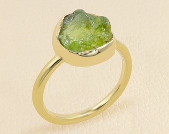 Raw Period Ring, Solid Silver Ring, Gold Vermeil Ring, Rough Peridot Gemstone Sterling Silver Handmade Ring for women, Gifts for Her
