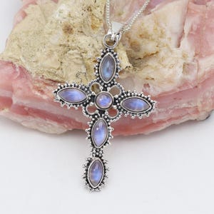 Moonstone Cross Pendant Necklace, Solid Sterling Silver Pendant, Vintage Pendant, Rainbow Moonstone Cross Necklaces, Best Christmas Gift