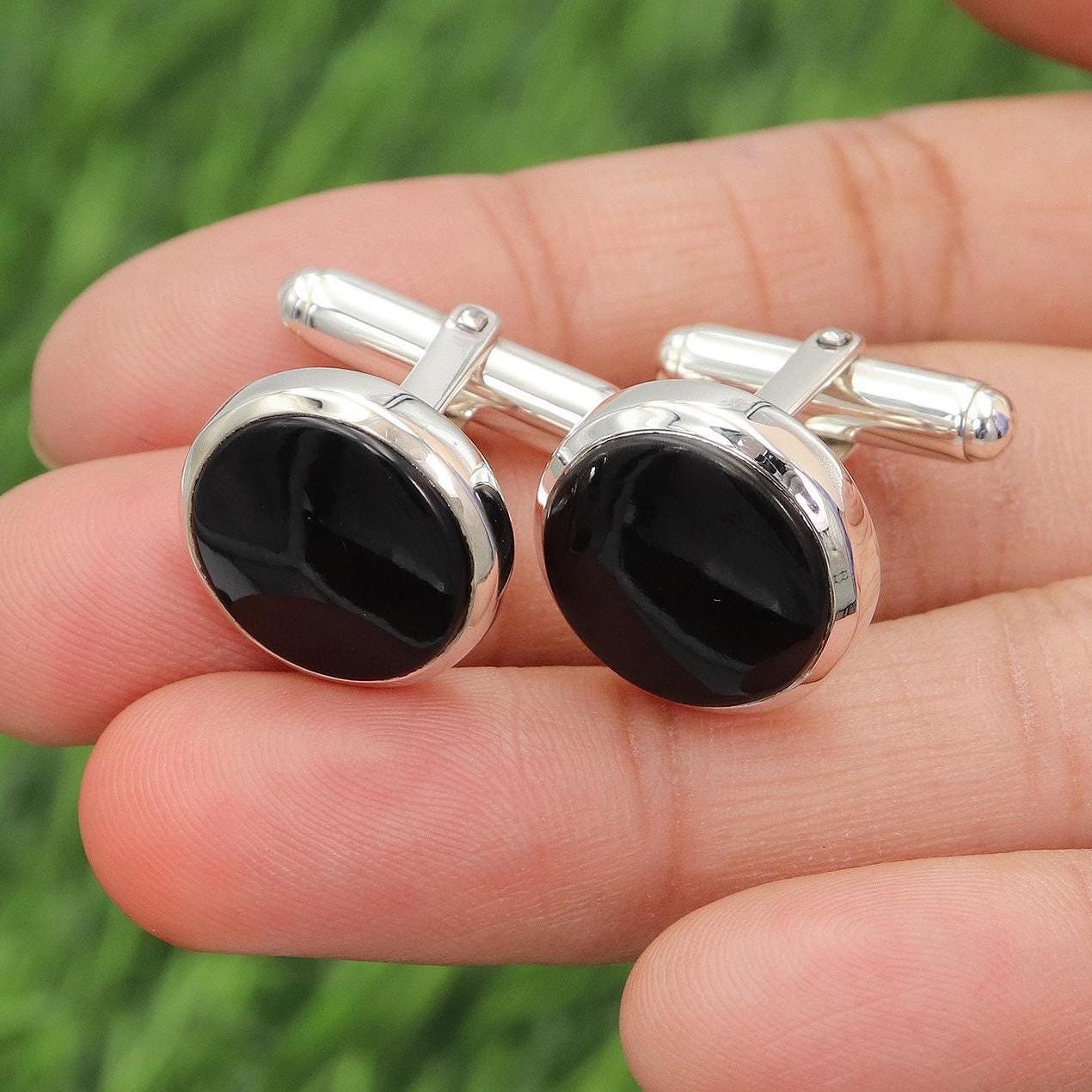 Handmade 925 Sterling Silver Cufflinks With 14mm Round Black Onyx