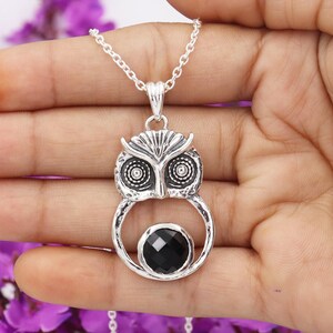 Owl Face Pendant Necklace, Silver Pendant Necklaces, Black Onyx Necklaces, Owl Necklace Handmade in 925 Sterling Silver, Gift For Men