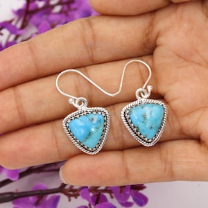 Turquoise Earrings, 925 Silver Earrings, Triangular Dangle Earrings, Blue Turquoise Earrings, Drop Earring, Handmade Jewelry, Gift for Her