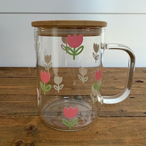 Spring Tulip 18 oz Glass Mug, Handle, Bamboo Lid, Glass Straw