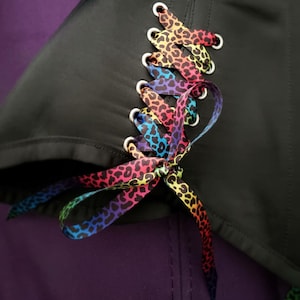 May include: A black corset with a rainbow leopard print ribbon lacing. The ribbon is tied in a bow at the front of the corset.