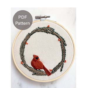 Cardinal Christmas Wreath Embroidery Pattern