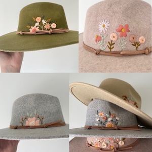 Custom Made to Order Hand Embroidered 4 inch Wide Brim Felt Hat
