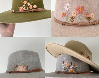 Custom Made to Order Hand Embroidered 4 inch Wide Brim Felt Hat