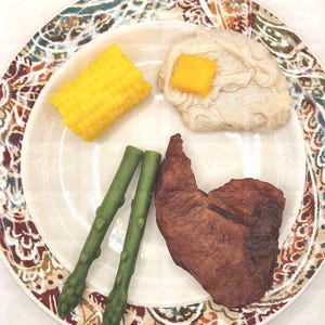 Wax Pork Chop Dinner with Corn On Cob, Mashed Potatoes, Asparagus Wax Fake Food, Movies Prop, Movies, Theatrical Display.