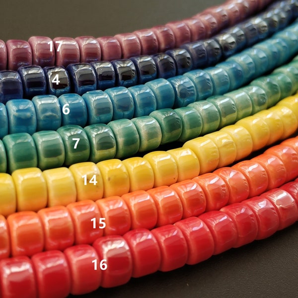 65 pièces/lot, ont 7 couleurs arc-en-ciel, perles de tube en céramique 4x6mm-placage fini-marine, bleu, vert, jaune, rouge, violet,