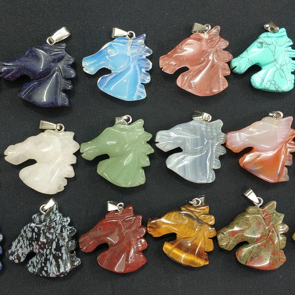 5pcs/lot- Stone Horse Head Hanger- 38x38mm -malachiet, blauw zand, grijs agaat, rose quartz, groene aventurine, opalite, blauwe turquoise, witte steen