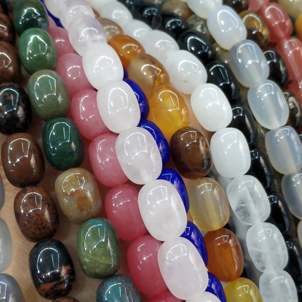 Perles tonneau en pierre 10 x 14 mm - opalite, turquoise bleue, howlite blanche, jade jaune, agate blanche, pierre noire, sodalite, agate folle - 28 pièces/fil