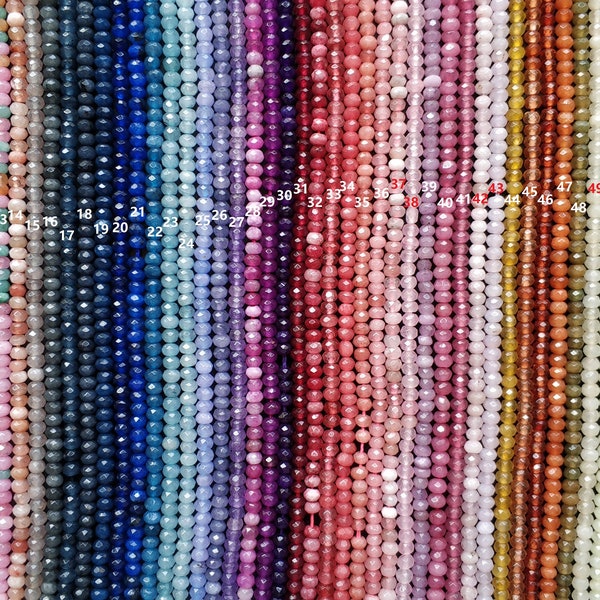 115 pcs/fil - petites perles rondelles de jade colorées 2 x 4 mm, rondelles de pierres à facettes- rouge, jaune, rose, bleu, vert, blanc, gris, violet, pêche, fuchsia