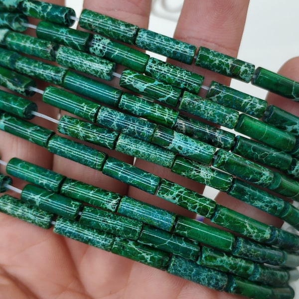 30cs/str- 4x13mm emerald green sea sediment tube Beads- green imperial jasper,emerald green stone tube beads,green cylinder beads